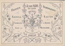 711227 Visitekaart van A. van Ham & Zoon, Kunstsmeden, Haarden, Kachels, Brandwaarborgkasten, Fornuizen, Deuren, Gas- ...